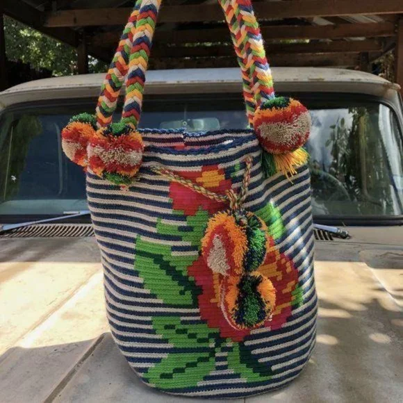 Wayuu Striped Rose Braided Handle Tote Bag Colombi